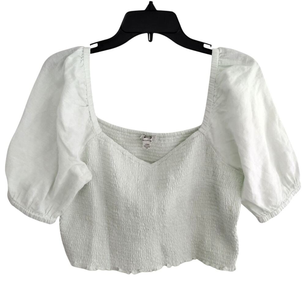American Eagle | NEW Mint Green Linen-Blend Smocked Puff-Sleeve Crop Top Large